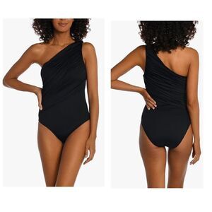 La Blanca Womens Island Goddess Shirred One Shoulder One Piece Swimsuit